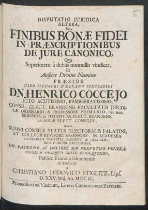Disputatio Iuridica Altera, De Finibus Bonae Fidei In Praescriptionibus De Iure Canonico