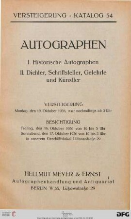 Autographen : Versteigerung 19. Oktober 1936 (Katalog Nr. 54)