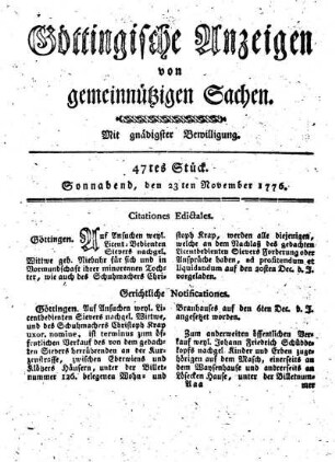 47tes Stück. Sonnabend, den 23ten November 1776.