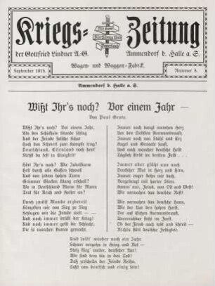 5.1915: Kriegs-Zeitung der Gottfried Lindner A.-G., Wagen und Waggon-Fabrik, Ammendorf b. Halle a. S