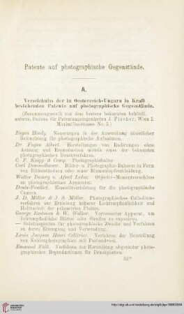 Patente auf photographische Gegenstände