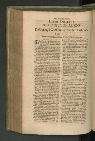 Liber Quartus. De Conjugio agens. De Conjugii Consummatione & rescissione. Sectio I. De benedictione Sacerdot ali, et copulatione conjugum.