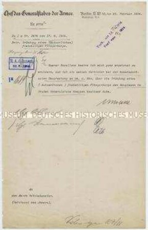 Brief mit eigenhändiger Unterschrift des Chefs des Generalstabes der Armee General Moltke über die Besprechung zur Gründung eines (Kaiserlichen) freiwilligen Fliegerkorps