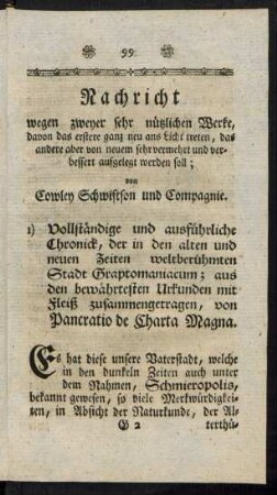 Nachricht wegen zweyer sehr nützlichen Werke ...
