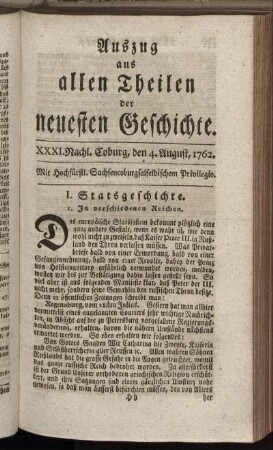 XXXI. Nachl. Coburg, den 4. August, 1762.