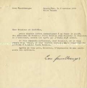 Handsignierter Brief von Lion Feuchtwanger in französischer Sprache