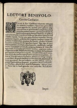 Lectori Benevolo. Carolus Cartharius