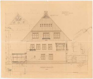 Einfamilienwohnhaus, Berlin-Nikolassee: (von Inv.Nr. 43315) Aufriss 1:50 Vorderansicht; mit Giebelfeldvariante