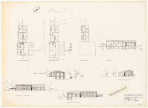Gemeindehaus Berlin-Britz: Variante A Kellergeschoss, Erdgeschoss, Obergeschoss Ansichten, Schnitt 1:200