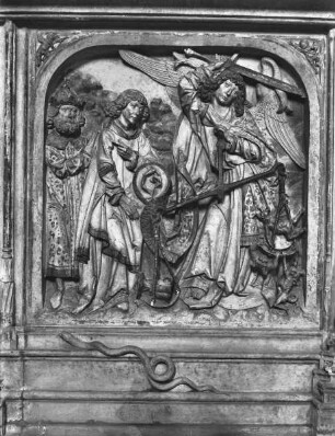 Grabmal für Kaiser Heinrich II. und Kaiserin Kunigunde — Linkes Relief der südlichen Längsseite: Die Seelenwägung