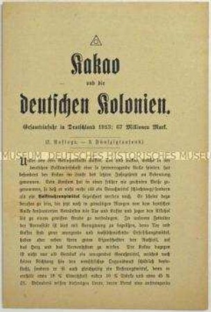 Flugschrift des Kolonial-Wirtschaftlichen Komitees zur Gesamteinfuhr von Kakao in Deutschland 1913