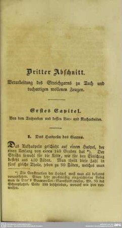 Dritter Abschnitt. Verarbeitung des Streichgarns zu Tuch und tuchartigen wollenen Zeugen