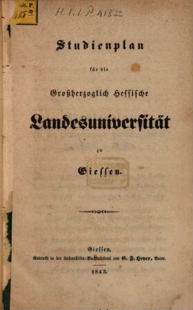 Studienplan für Großherzoglich Heßische Landesuniversität zu Gießen