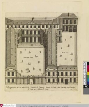 Le Grand Marot, Bl. 49: Perspectiue de la Maison de l'Hostel de Lyonne, bastie á Paris, du desseing de Monsieur le Vaux Architecte du Roy