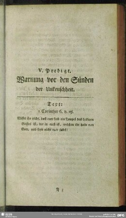 V. Predigt. Warnung vor den Sünden der Unkeuschheit