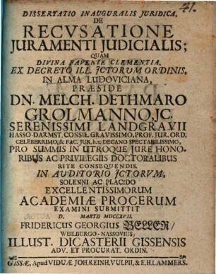 Dissertatio inauguralis juridica de recvsatione juramenti judicialis