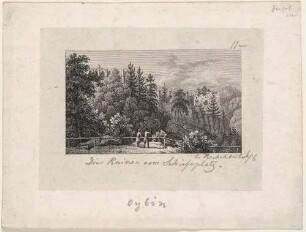 Die Burgruine und die Klosterruine auf dem Berg Oybin im Zittauer Gebirge vom Schießplatz aus, aus Carl Peschecks "Oybin bei Zittau in 12 Ansichten ..." (erweiterte Auflage?)