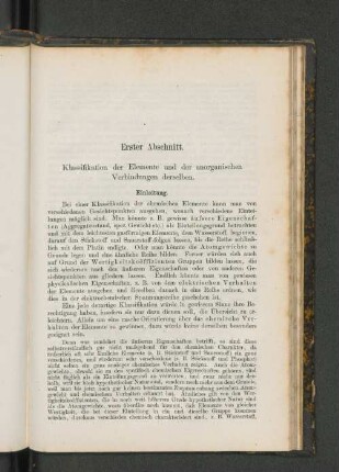 Erster Abschnitt. : Klassifikation der Elemente und der anorganischen Verbindungen derselben. Einleitung.