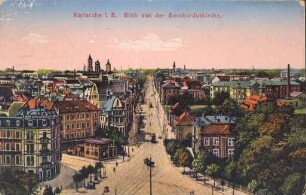 Postkartenalbum. "Karlsruhe i. B. - Blick von der Bernharduskirche". Durlacher Tor und Panorama