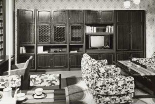 Anbauwand "Dresden" : Wohnzimmermöbel. Anbauwand "Dresden" (1976; VEB Möbelkombinat Zeulenroda-Triebes (ZEUTRIE)) und Sitzgruppe