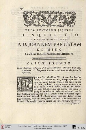 De IV. Temporum jejuniis Disquisitio ad clarissimum doctissimumque P. D. Joannem Baptistam de Miro