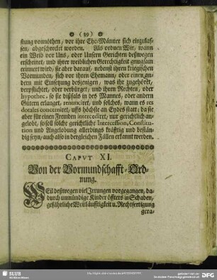 Caput XI. Von der Vormundschafft-Ordnung