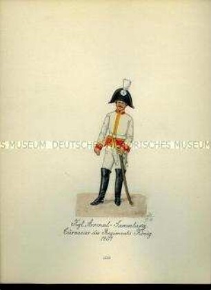 Uniformdarstellung, Kürassier des Kürassier-Regiments "König", 1807. Aus: Sammelmappe "Sachsens Militär", Königliche Arsenalsammlung.
