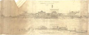 Thiersch, August ; Alexandria (Ägypten); Serapeum von Alexandria, Rekonstruktion des Sarapistempels - Ostseite (Ansicht); Erste Ptolomäische Neuanlage, Tempelhof von Süden nach Norden (Längsschnitt)