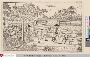 [Ein Garten mit einem spielenden Jungen, einem musizierenden Chinesen und zwei weiteren Personen in einem Gartenhaus]