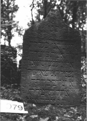 Grabstein 1079 (Index: 99899722) Material: Sandstein Zustand: angewittert Maße HxBxT: 95x56x8 cm Beschreibung: Stele mit oben abgeflachtem Kielbogenabschluss, im Bogenfeld Ranken, etwas eingesunken Symbolik: Ranken: Grabstein 1079