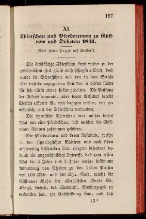 XI. Thierschau und Pferderennen zu Güstrow und Doberan 1841