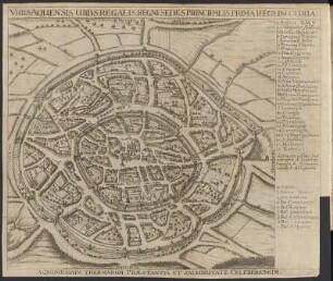 Stadtplan Aachen. 1688. Von den Bad- und Trinkwässern : Urbis Aquensis urbs Regalis Regni Sedes Principalis Prima Regum Curia. Aquisganum Thermarum Praestantia Et Salubritate Celeberrimum. Falttafel vor Seite 1 zum Kapitel: Kurtze Beschreibung der Statt, Reichs, Kirchen, und warmen Springbrunnen zu Aachen. Kupferstich aus: Blondel, François: Außfürliche Erklärung Und Augenscheinliche Wunderwirckung Deren Heylsamen Badt- und Trinckwässeren zu Aach : In welchen Derselben wunderbarliche Natur und Aigenschafften/ auch vielfältige und bewehrte durch Baden und Trincken erhaltene Curen/ beneben nothwendiger und nützlicher Underrichtung/ wie sich die Gesunden so woll als Krancken in deren Brauchung zuverhalten haben/ gründlich beschrieben werden. Aachen: Clemens, 1688. Dresden: SLUB 39.8.10444