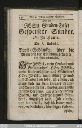 Die I. Andacht. Trost-Gedancken über die Wahrheit der Einsetzung-Worte im Abendmahl.