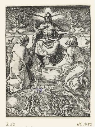 Jüngstes Gericht, Blatt 37 aus: Albrecht Dürer, "Passio Christi ab Alberto Durer Nurenbergensi effigiata cum varij generis carminibus Fratris Benedicti Chelidonij Musophili", Nürnberg 1511, [ohne Kustode]