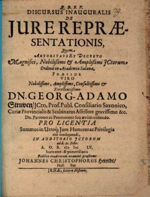 Discursus inaug. de iure repraesentationis