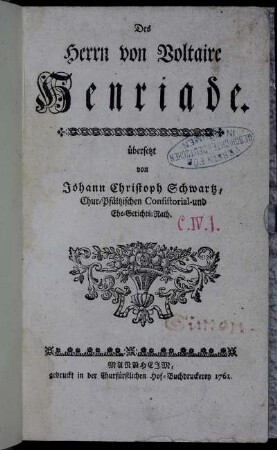 Des Herrn von Voltaire Henriade