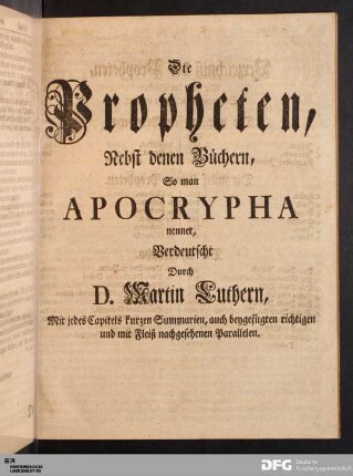 Die Propheten, Nebst denen Büchern, So man Apocrypha nennet