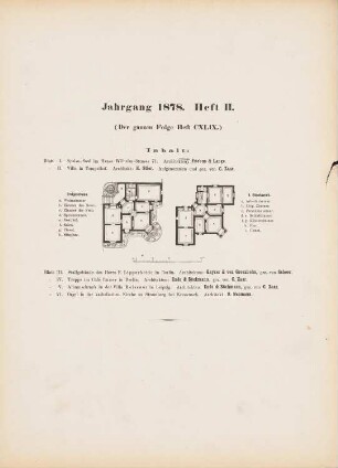 Villa, Berlin-Tempelhof: Inhaltsverzeichnis, Grundrisse EG und 1.OG (aus: Architektonisches Skizzenbuch, H. 149/2, 1878)