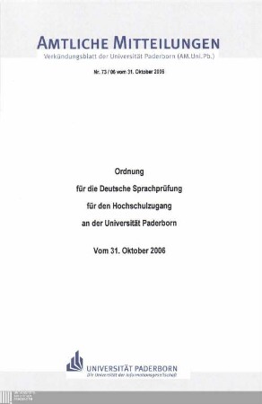 Ordnung für die Deutsche Sprachprüfung für den Hochschulzugang an der Universität Paderborn : vom 31. Oktober 2006