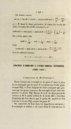 Concours d'admission a l'école normale supérieure. (Année 1869).