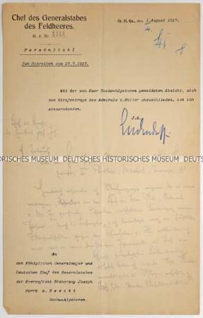 Brief von General Erich Ludendorff an Generalmajor Hans von Seeckt betreffend einen Strafantrag von Admiral Georg Alexander von Müller