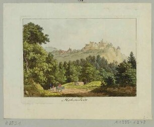 Die Burg und die Stadt Hohnstein in der Sächsischen Schweiz von Westen über das Polenztal gesehen
