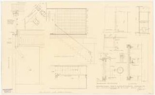 Arzthaus Prof. Bernhardt, Berlin-Charlottenburg: Details: 1. Treppengeländer Vergitterung: Grundriss 1:20, Schnitt 1:1, 2. Glaswand für Dusche: Ansichten 1:20, Detailschnitte 1:1
