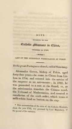 Note relative to the Catholic missions in China