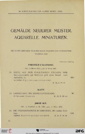 Gemälde neuerer Meister. Aquarelle. Miniaturen (Nr. 22-126)