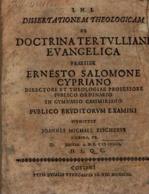 Dissertationem theol. de doctrina Tertulliani evangelica