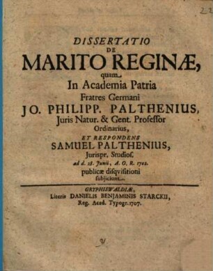 Dissertatio De Marito Reginæ
