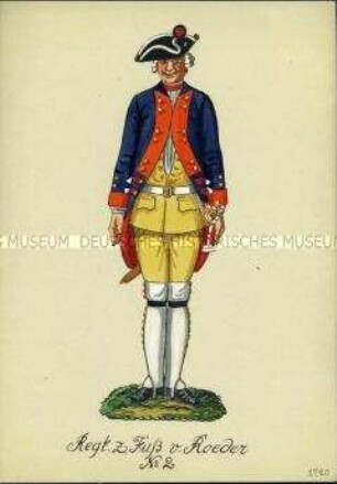 Uniformdarstellung, Gemeiner des Infanterie-Regiments (von Roeder) No. 2, Preußen, 1740.