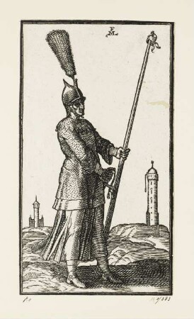 Krieger mit Federbusch und Lanze, aus: Melchior Lorch, "Des Weitberühmten Kunstreichen und Wolerfahrnen herrn Melchior Lorichs, Flensburgensis Wolgerissene und geschnittene Figuren zu Ross und Fuss sampt schönen Türkischen Gebäuden und allerhand was in der Türkey ze sehen", Hamburg 1626