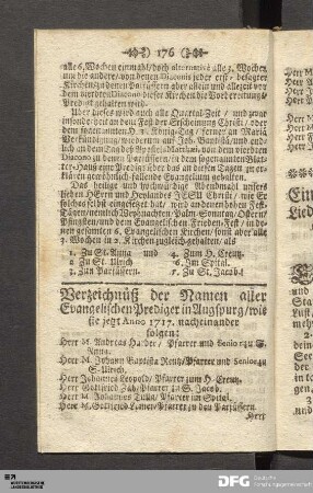 Verzeichnüß der Namen aller Evangelischen Prediger in Augspurg/ wie sie jetzt Anno 1717. nacheinander folgen.